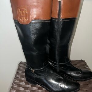 Tommy Hilfiger, Black and Brown Two-Tone Leather Riding Boots
